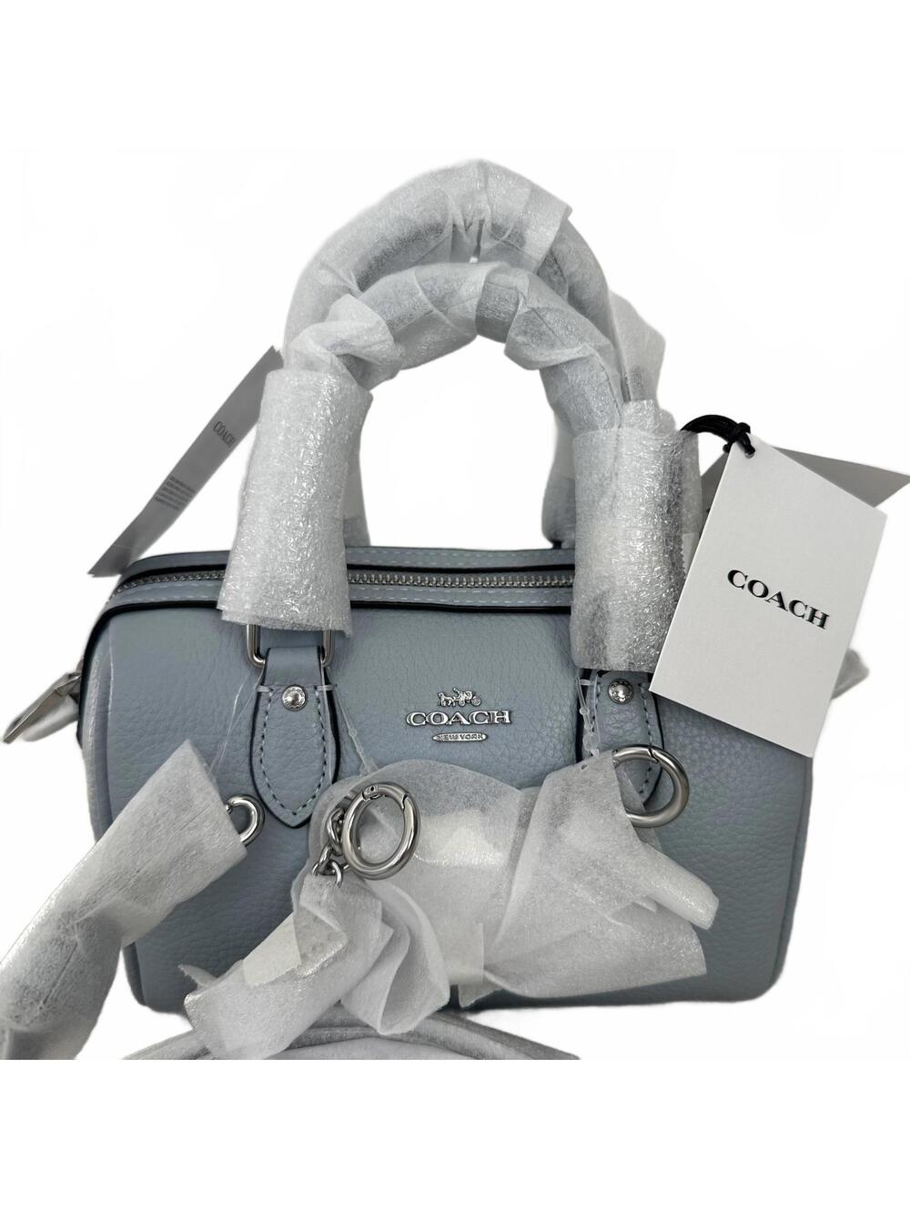 Coach Mini Rowan Crossbody Bag With Charms Pebbled Leather/Silver/Ice Blue NEW - Picture 2 of 8